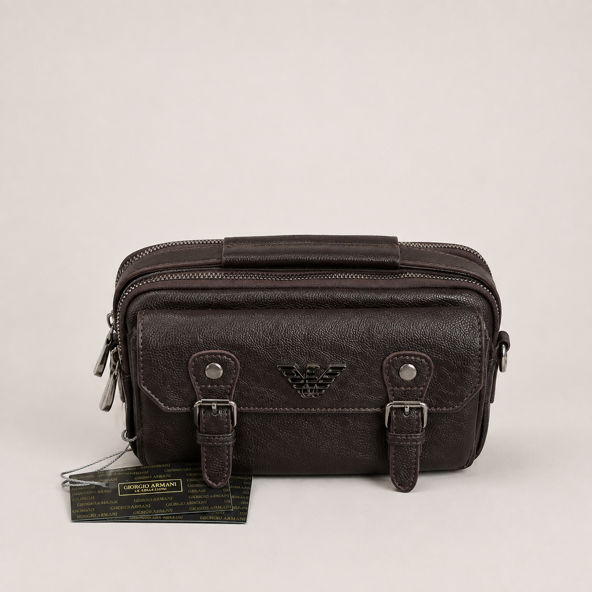 Emporio Armani Double-Zip Utility Crossbody Bag – Dark Brown
