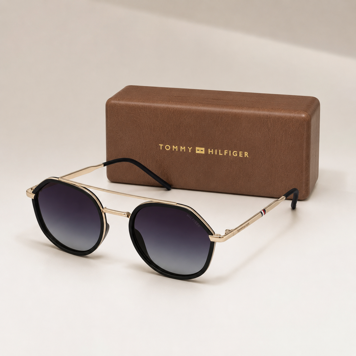 Tommy Hilfiger Round Sunglasses – Black & Gold with Smoke Grey Gradient Lenses + Case