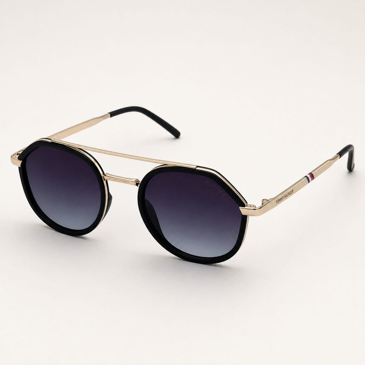 Tommy Hilfiger Round Sunglasses – Black & Gold with Smoke Grey Gradient Lenses + Case