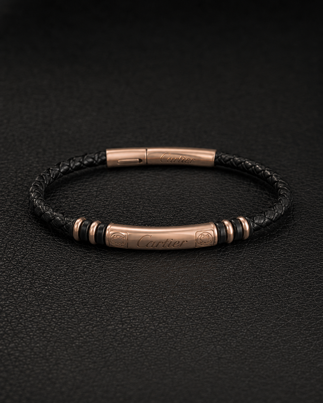 Cartier Black Braided Leather & Rose Gold Bracelet