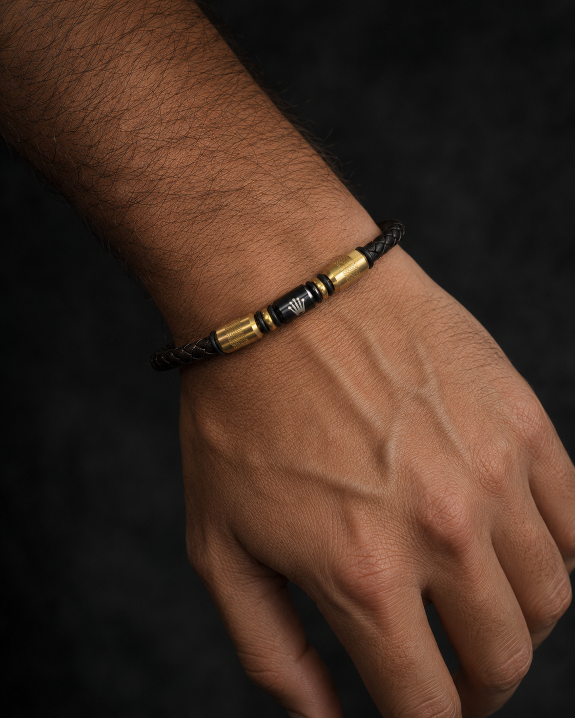 Rolex Brown Braided Leather & Gold Stainless Steel Bracelet