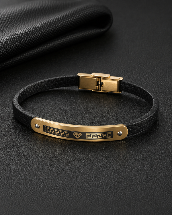 Black Leather & Gold Stainless Steel Bracelet
