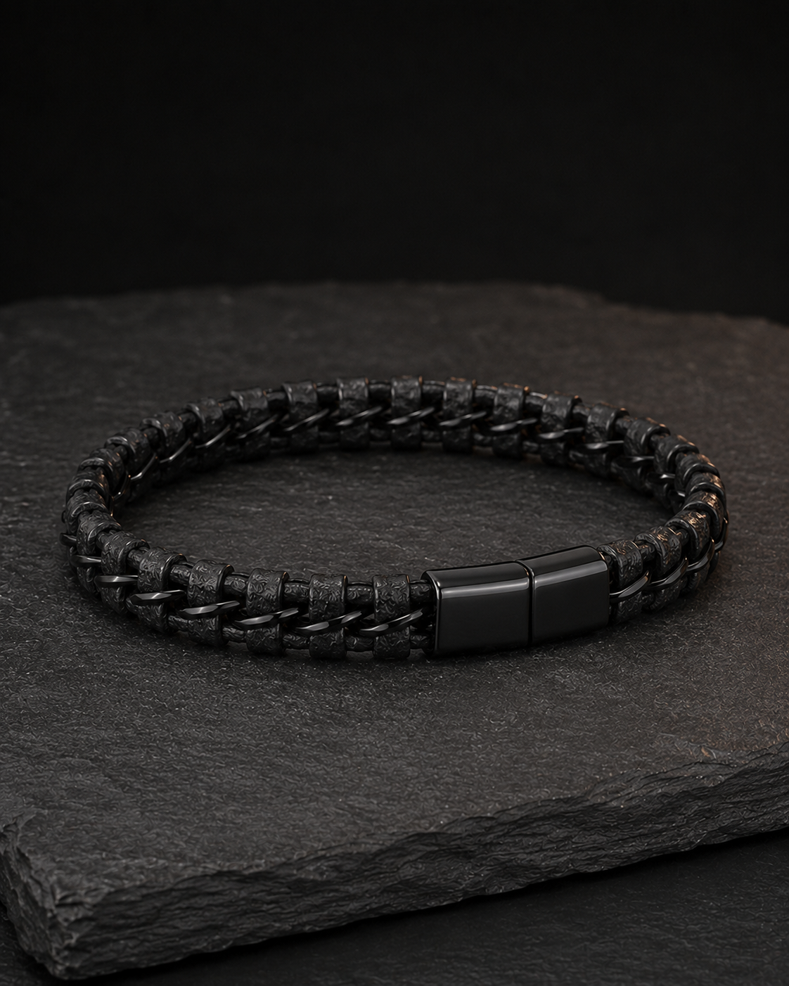 Black Braided Leather & Stainless Steel Bracelet