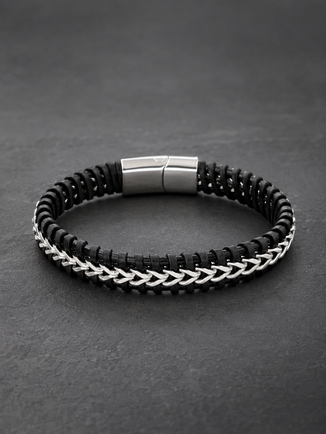 Black Leather & Silver Chain Bracelet