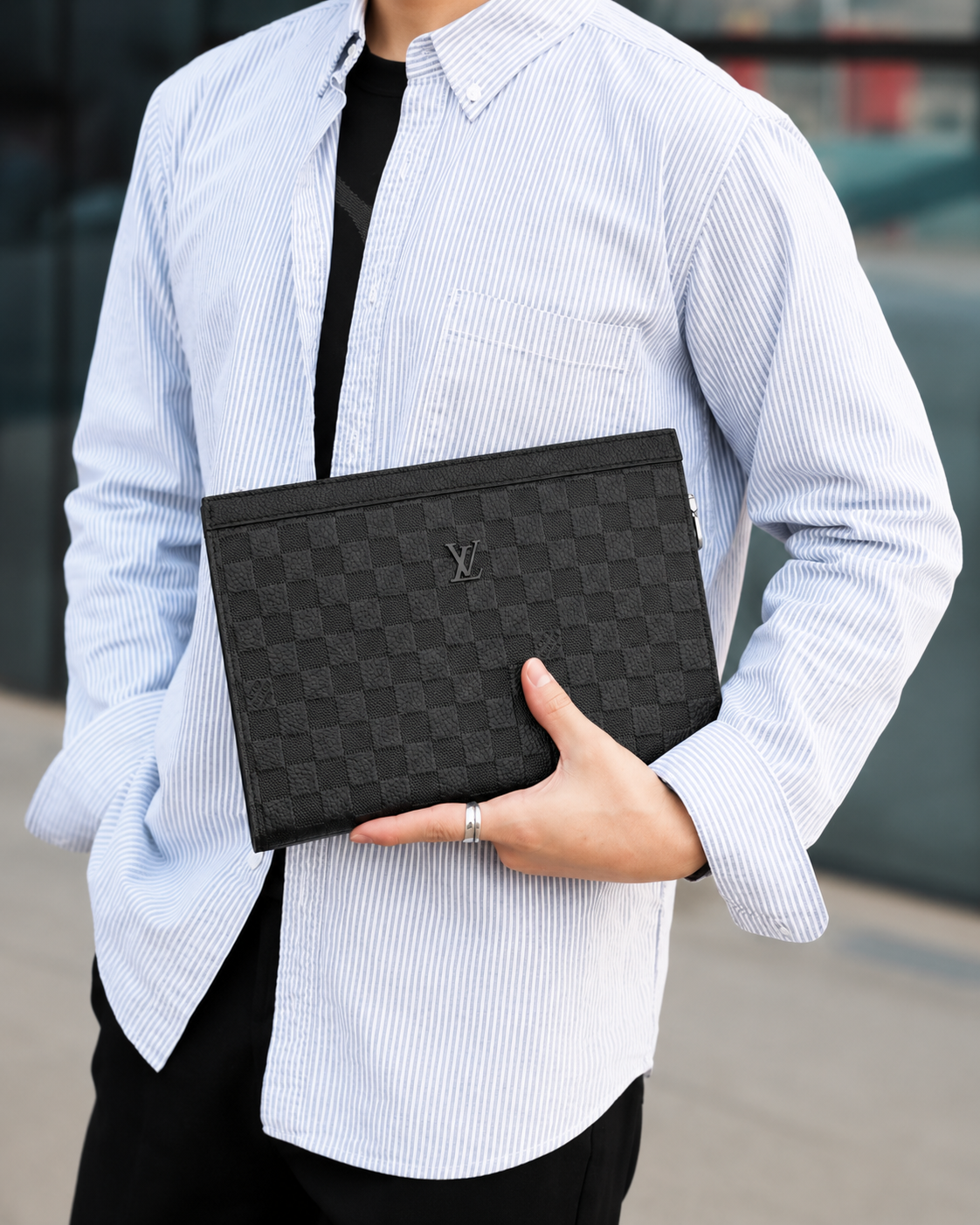Louis Vuitton Men's Black Damier Graphite Leather Clutch Bag