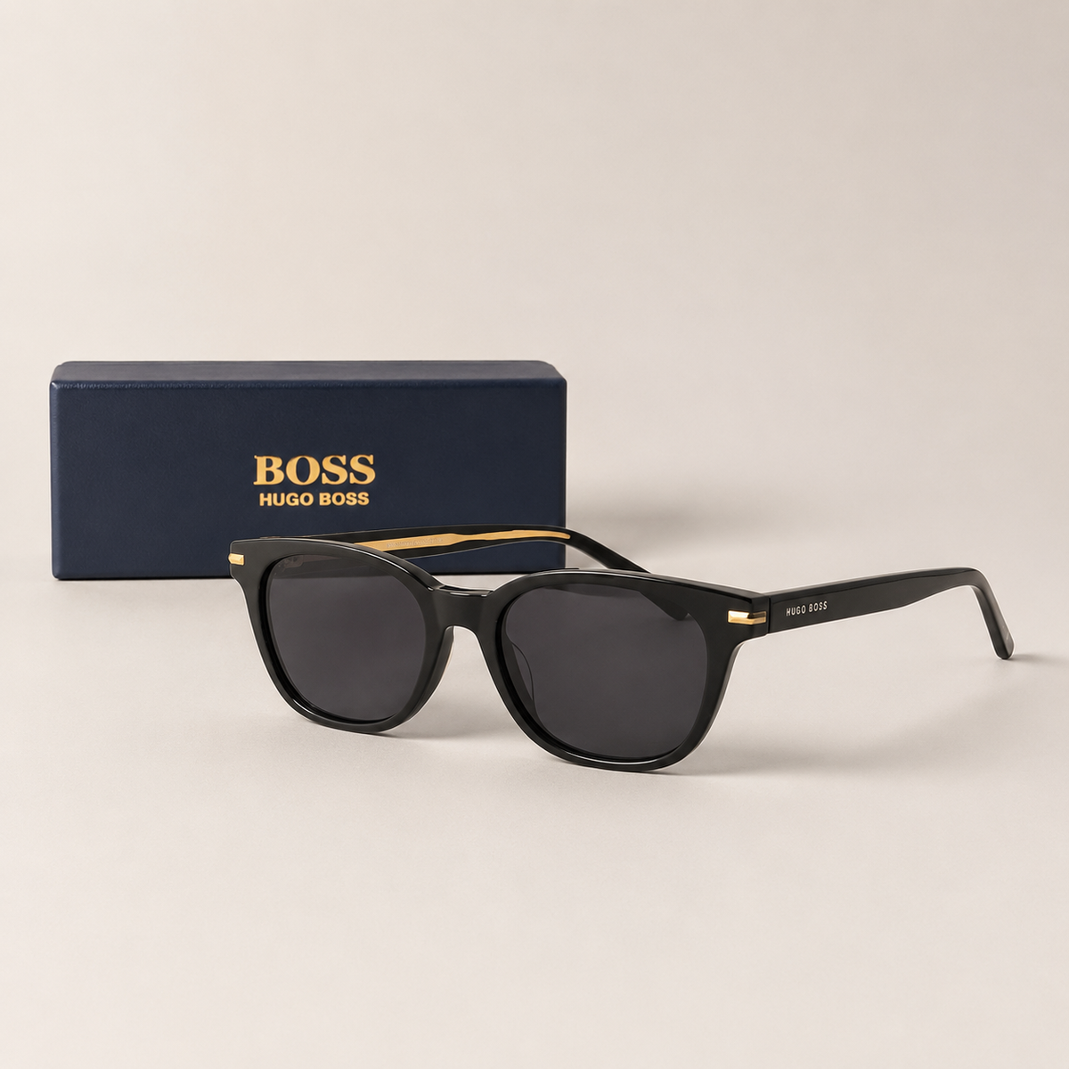 BOSS Hugo Boss Classic Sunglasses – Glossy Black & Gold with Dark Lenses + Case
