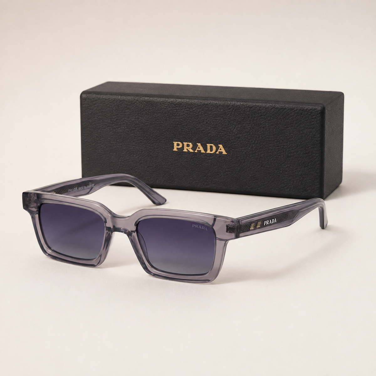 Prada Gray Transparent Rectangular Sunglasses with Case