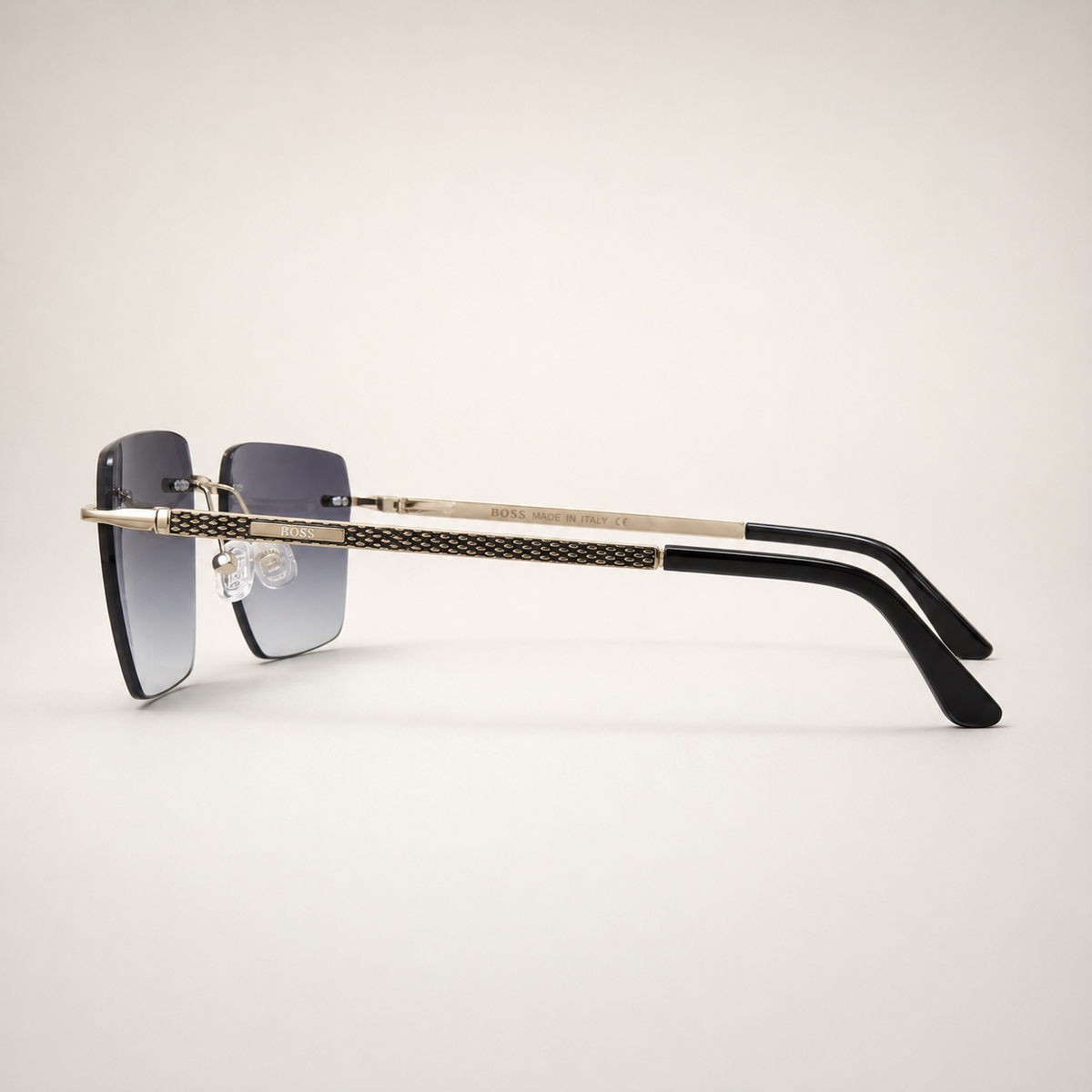 BOSS Hugo Boss Rimless Square Sunglasses – Gold & Black with Gradient Lenses + Case