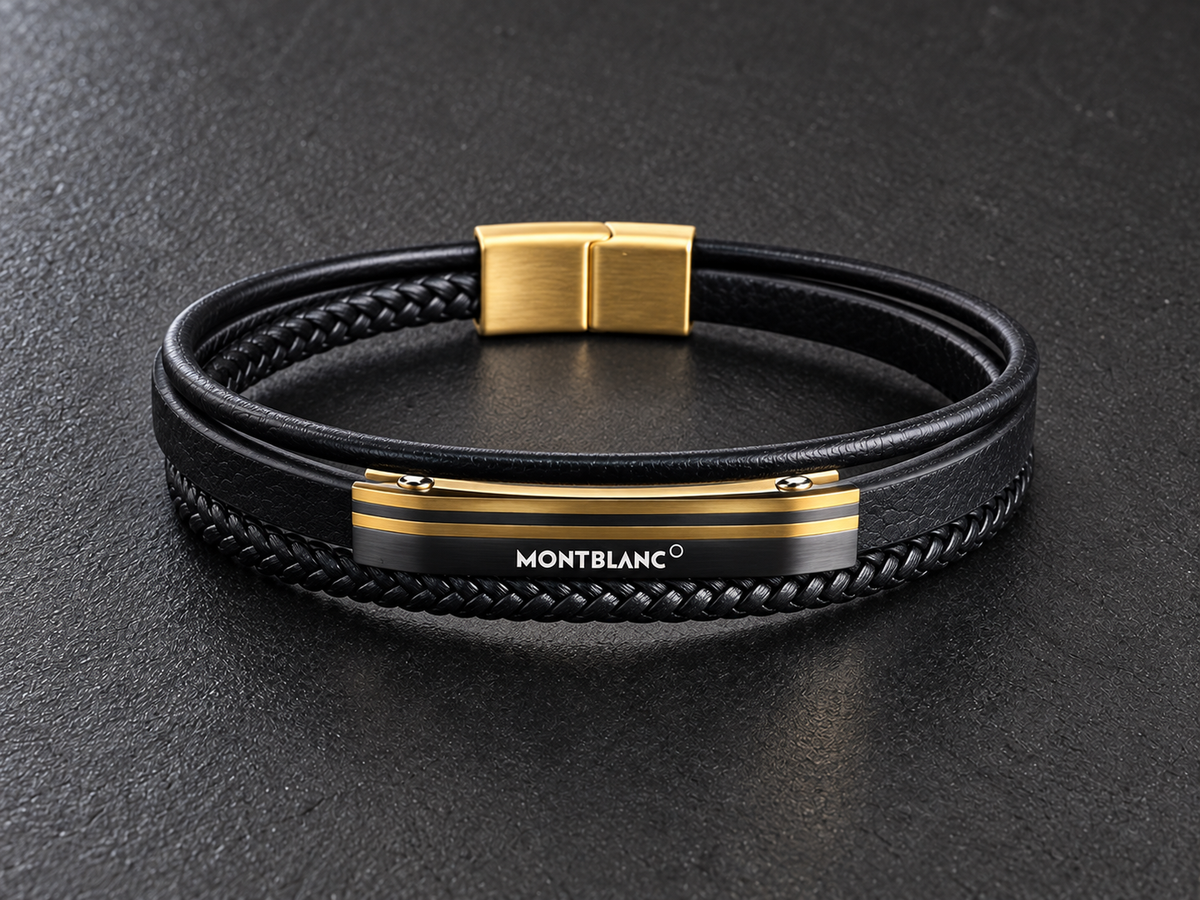 Montblanc Men’s Genuine Leather Bracelet with Black & Gold-Tone Bar