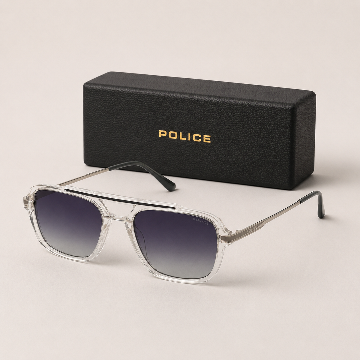 Police Transparent Silver Aviator Sunglasses with Case
