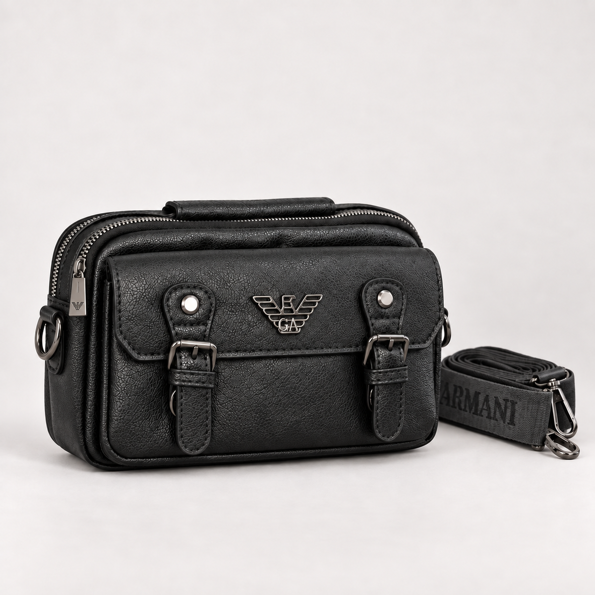 Armani Men’s Black Textured Crossbody Bag with Detachable Strap