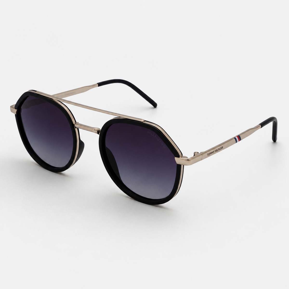Tommy Hilfiger Round Sunglasses – Black & Gold with Smoke Grey Gradient Lenses + Case