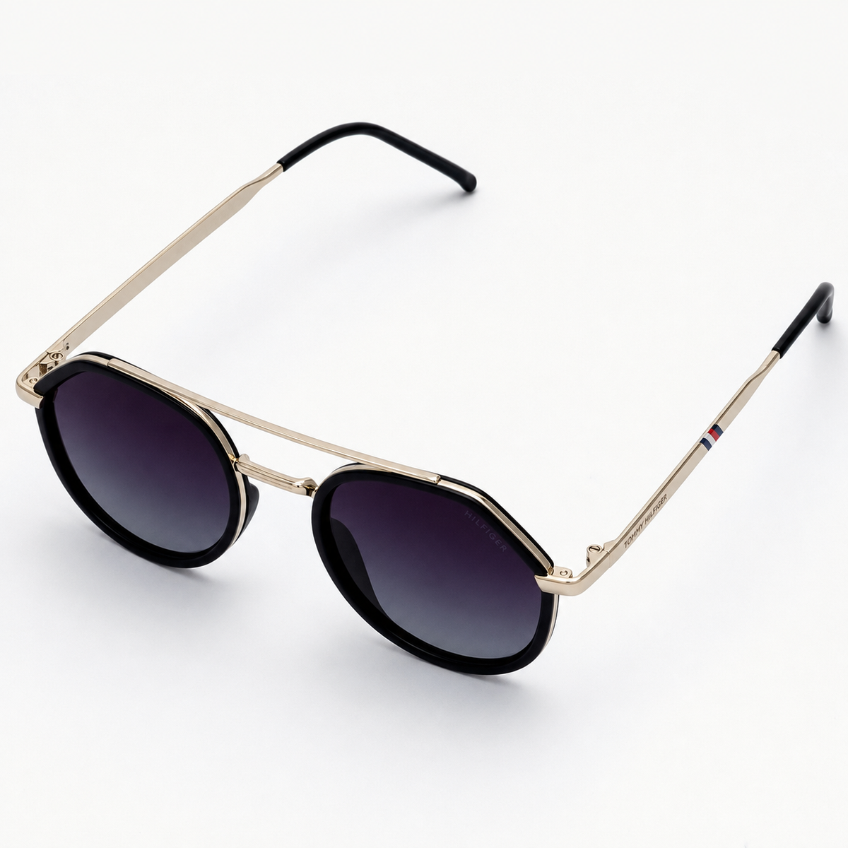 Tommy Hilfiger Round Sunglasses – Black & Gold with Smoke Grey Gradient Lenses + Case