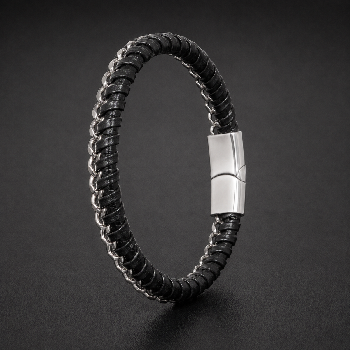 Black Braided Bracelet with Silver-Tone Chain