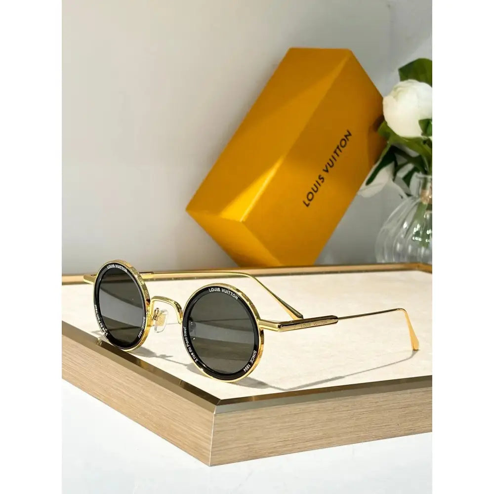Louis Vuitton Round Sunglasses – Gold & Black with Dark Lenses + Case