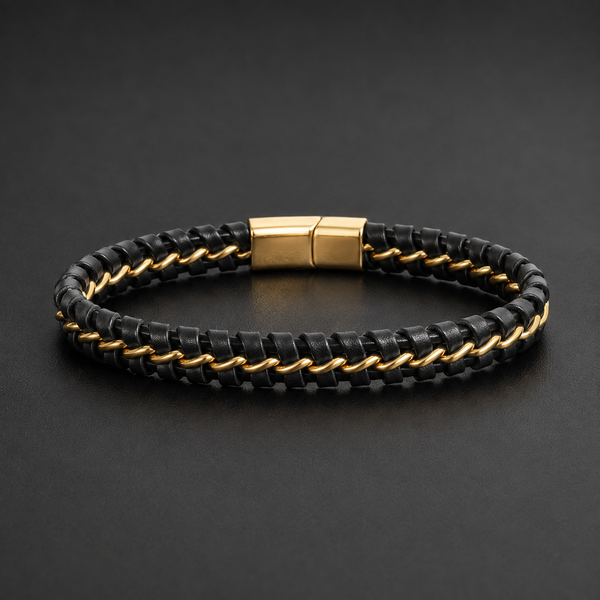 Black Braided Bracelet with Gold-Tone Chain