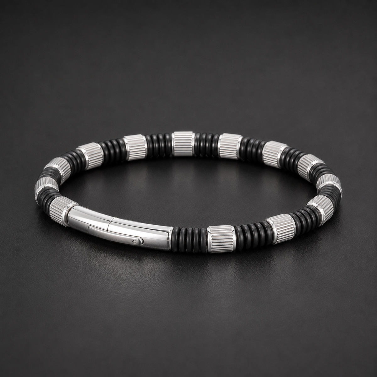 Men’s Black & Silver-Tone Ribbed Bracelet