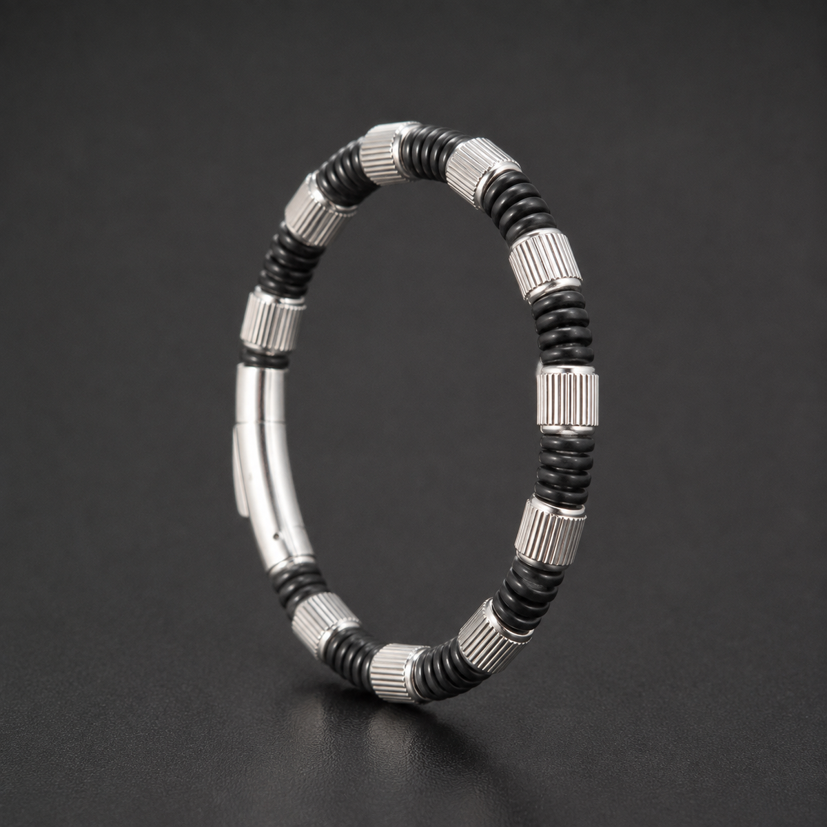 Men’s Black & Silver-Tone Ribbed Bracelet