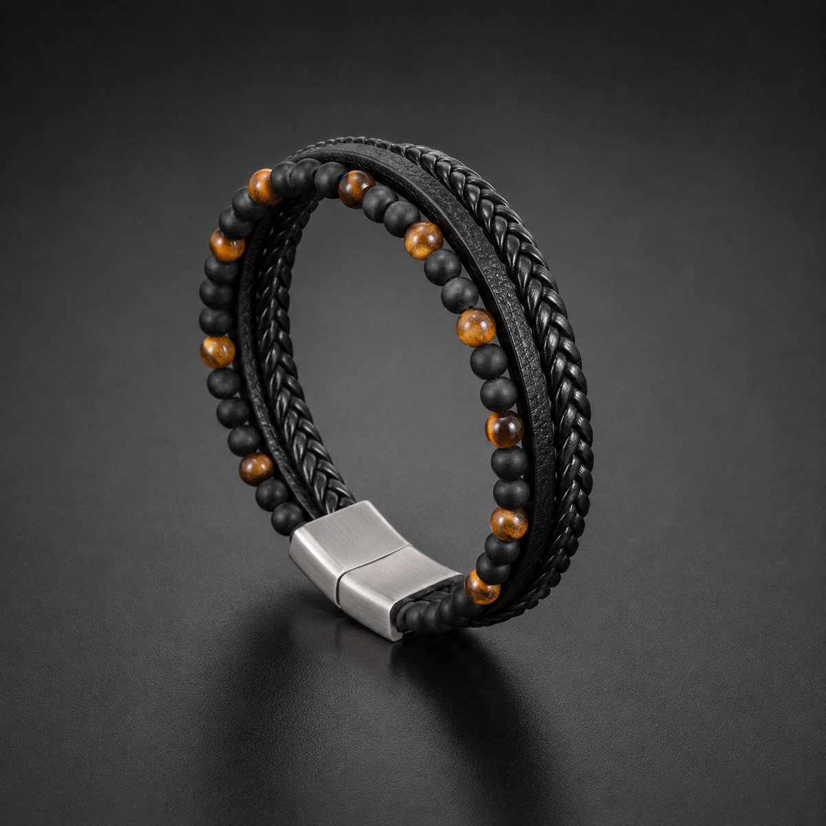 Men’s Black Multi-Strand Bracelet with Tiger Eye Beads