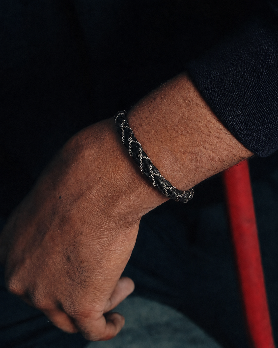 Black Leather & Stainless Steel Chain Bracelet