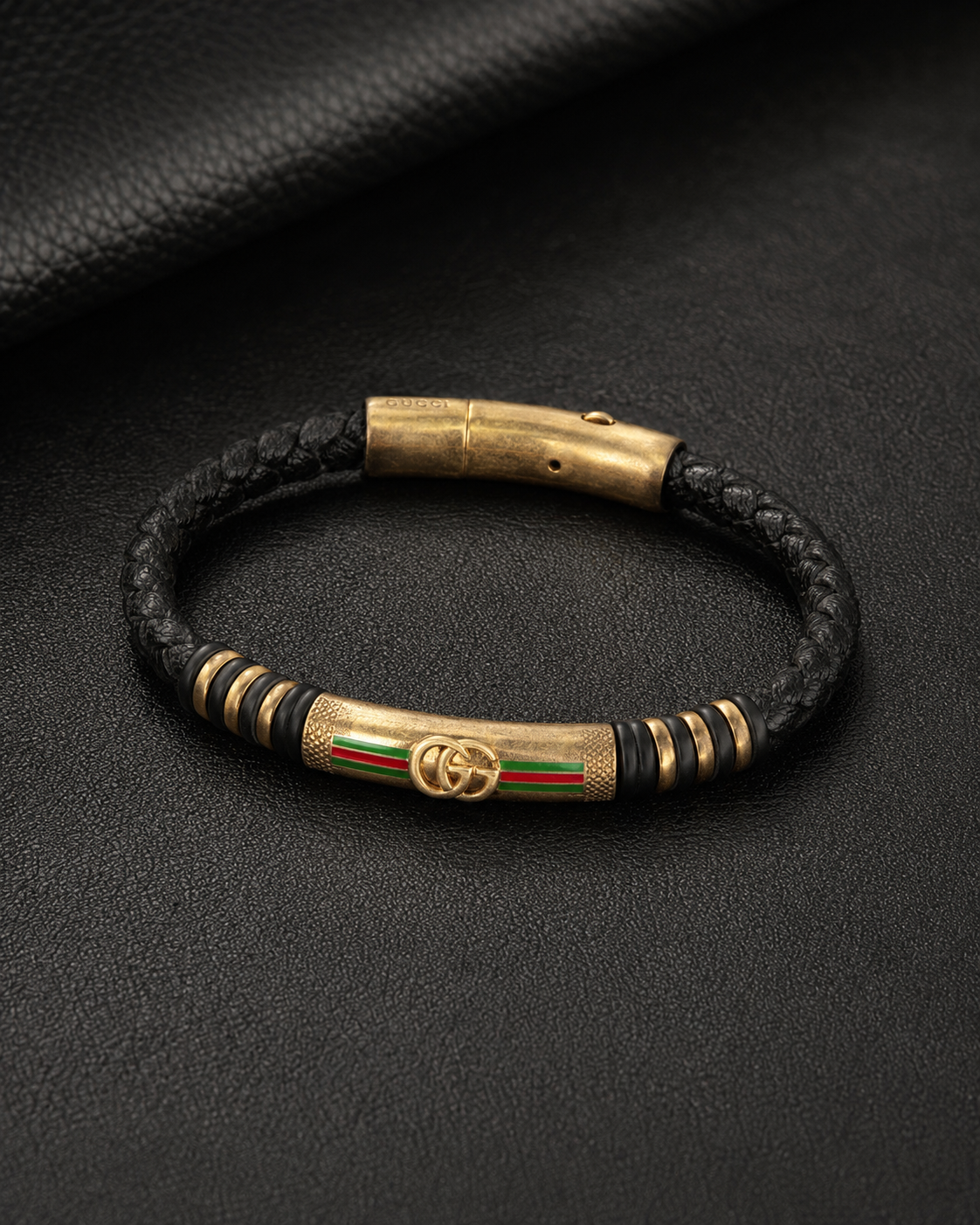 Gucci Black Braided Leather Antique Gold Bracelet
