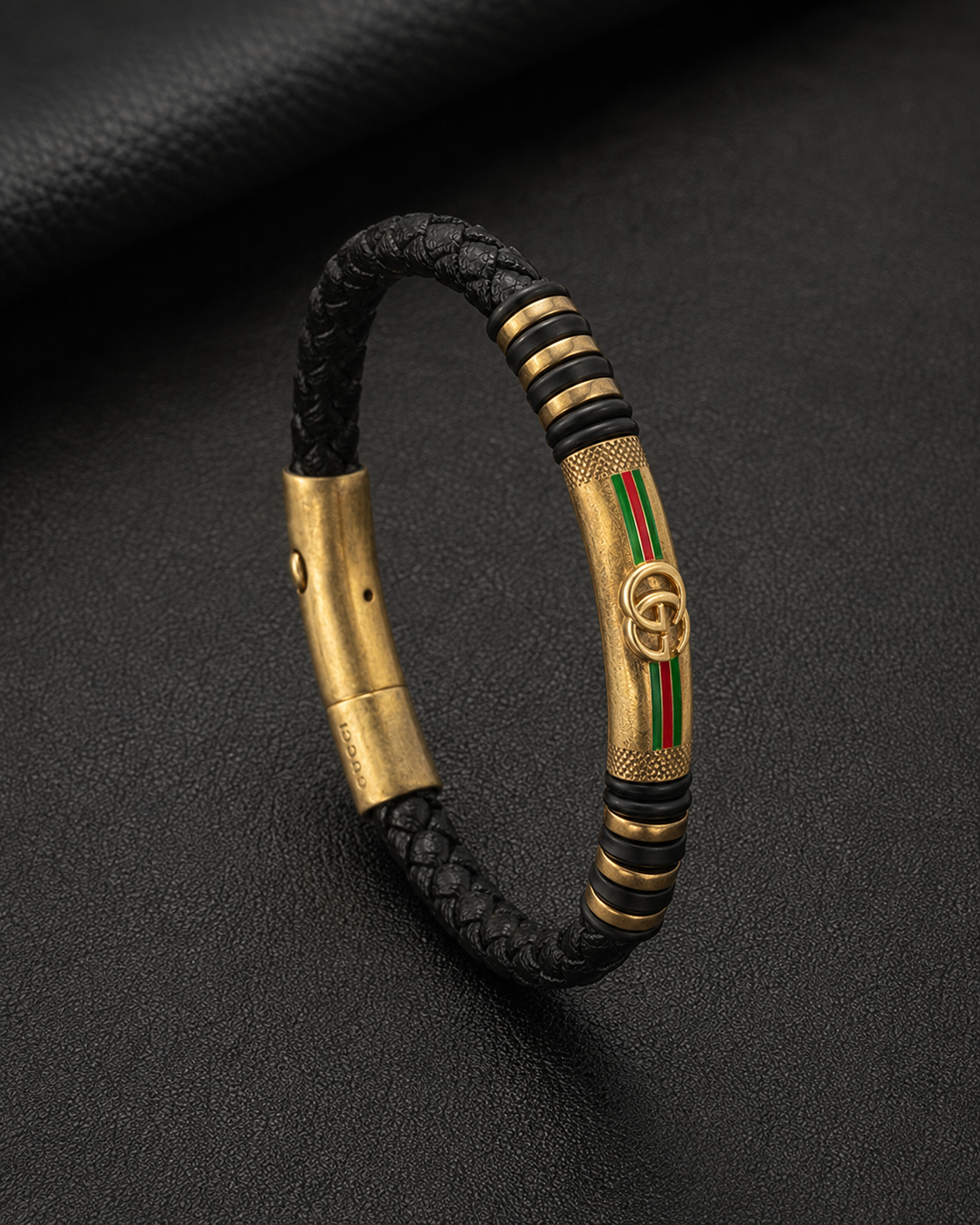 Gucci Black Braided Leather Antique Gold Bracelet