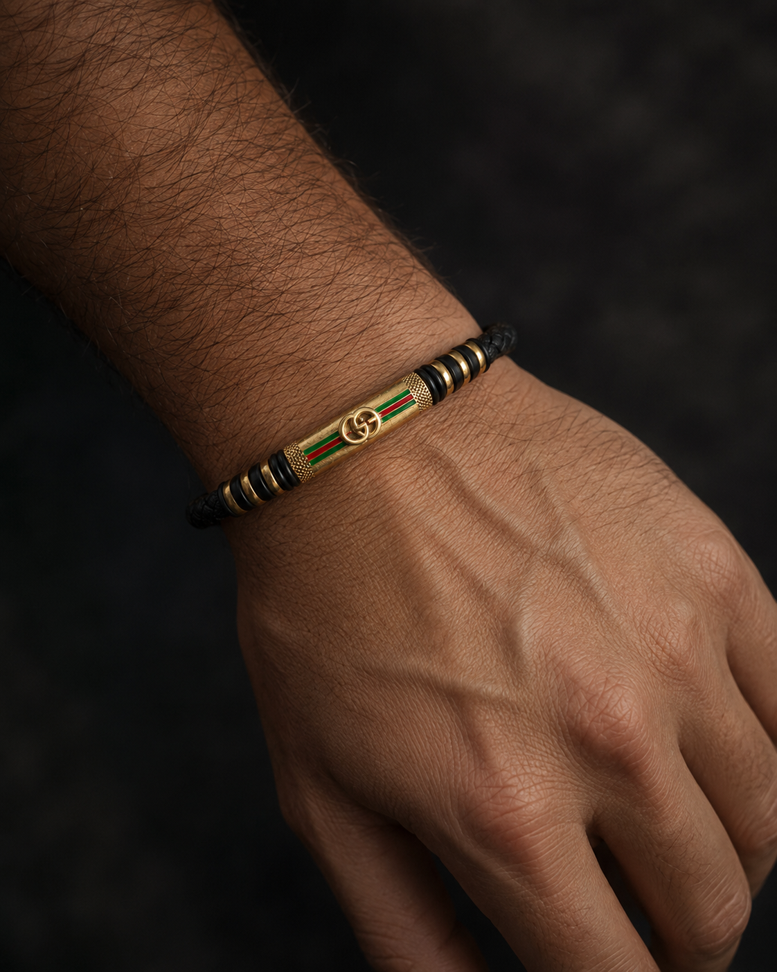 Gucci Black Braided Leather Antique Gold Bracelet