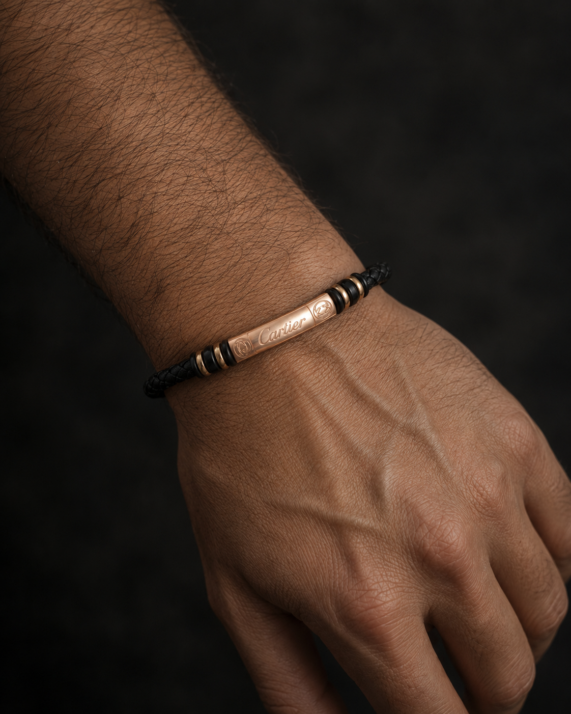 Cartier Black Braided Leather & Rose Gold Bracelet