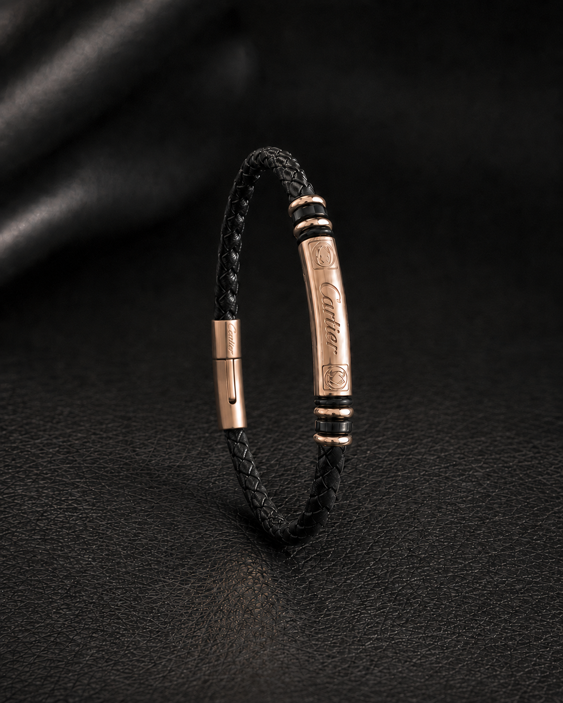 Cartier Black Braided Leather & Rose Gold Bracelet
