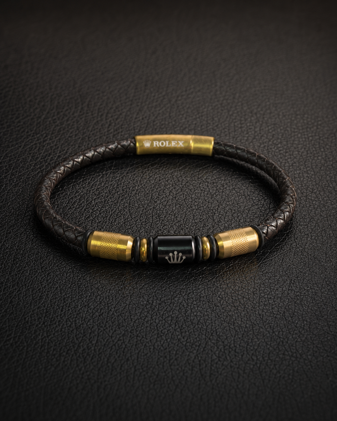 Rolex Brown Braided Leather & Gold Stainless Steel Bracelet