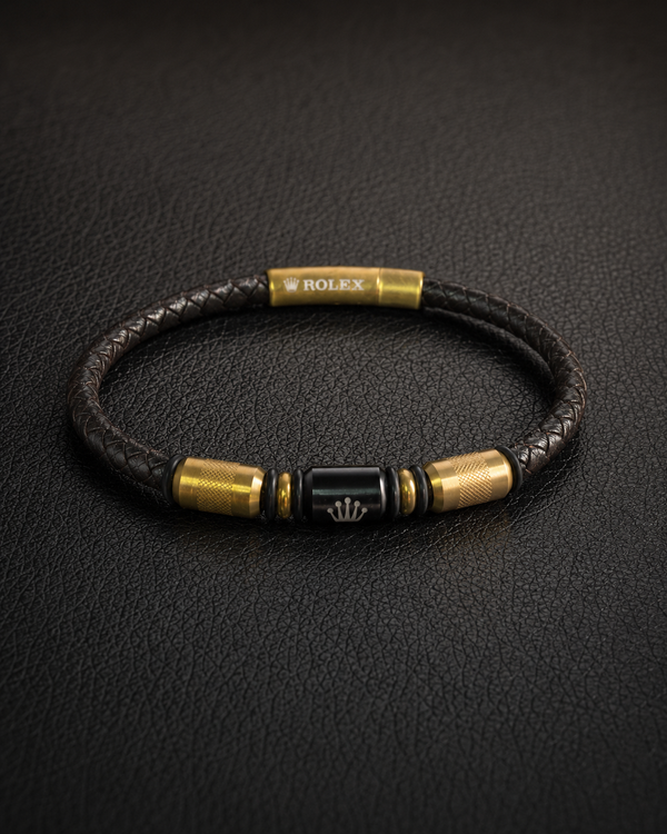 Rolex Brown Braided Leather & Gold Stainless Steel Bracelet