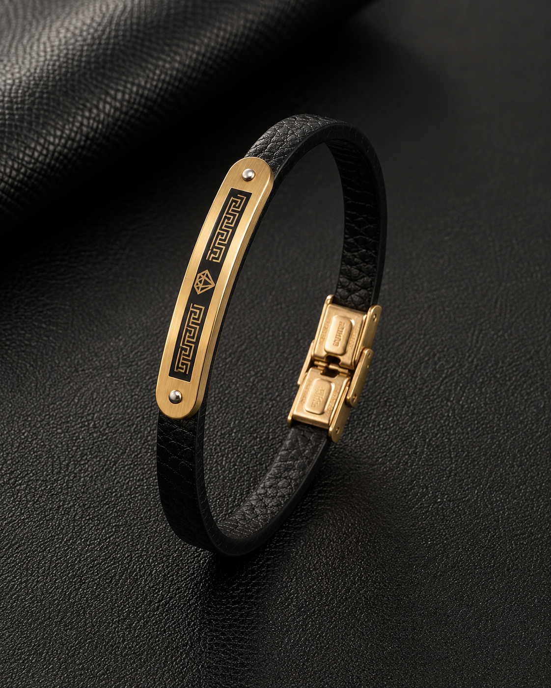 Black Leather & Gold Stainless Steel Bracelet