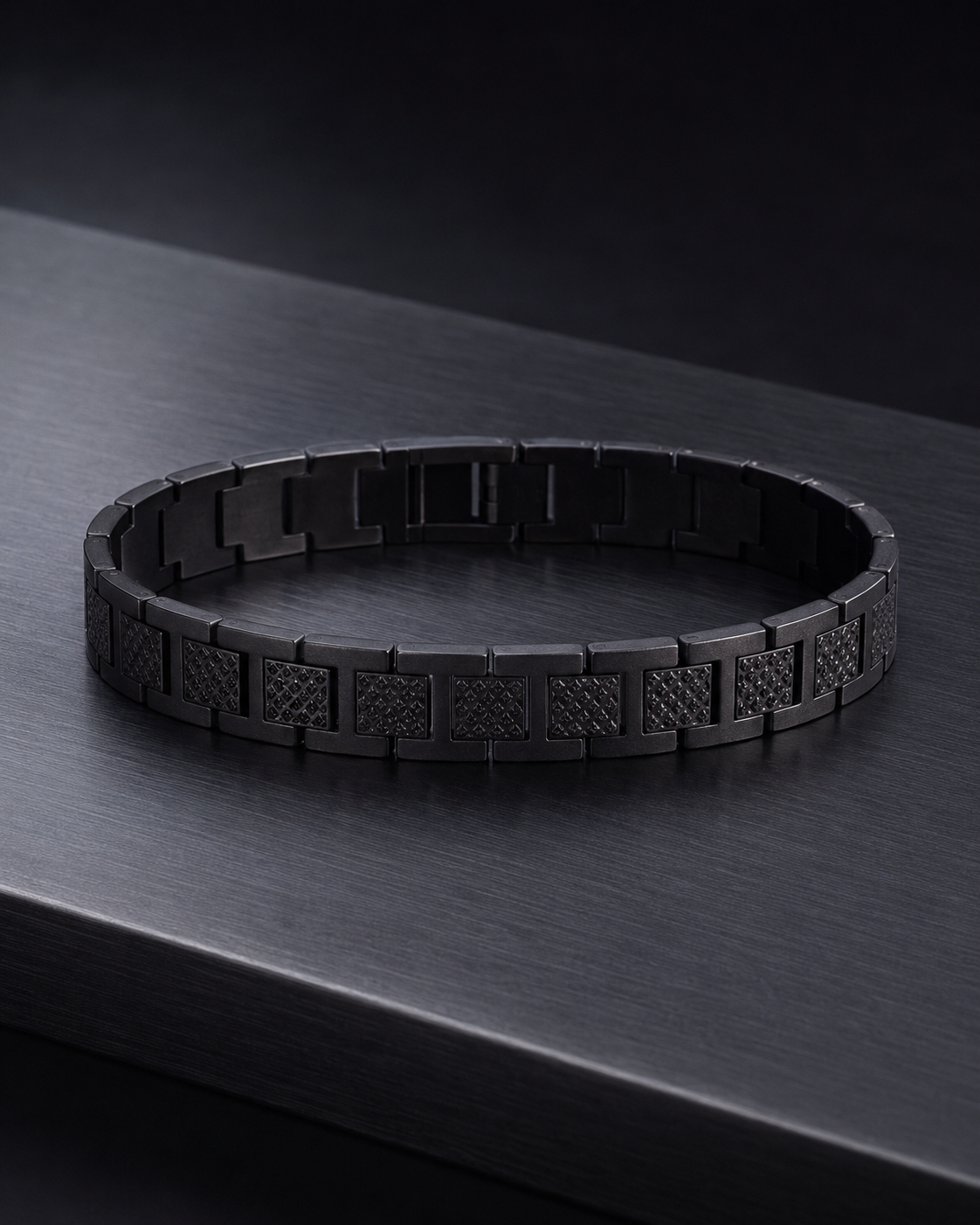 Lacoste Black Stainless Steel Link Bracelet with Textured Inlay