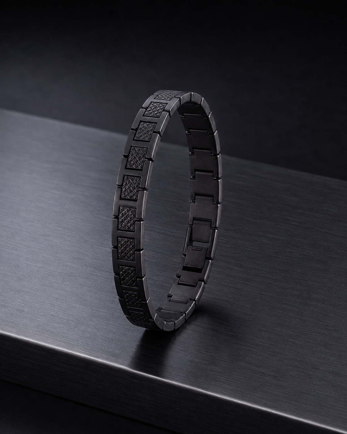Lacoste Black Stainless Steel Link Bracelet with Textured Inlay
