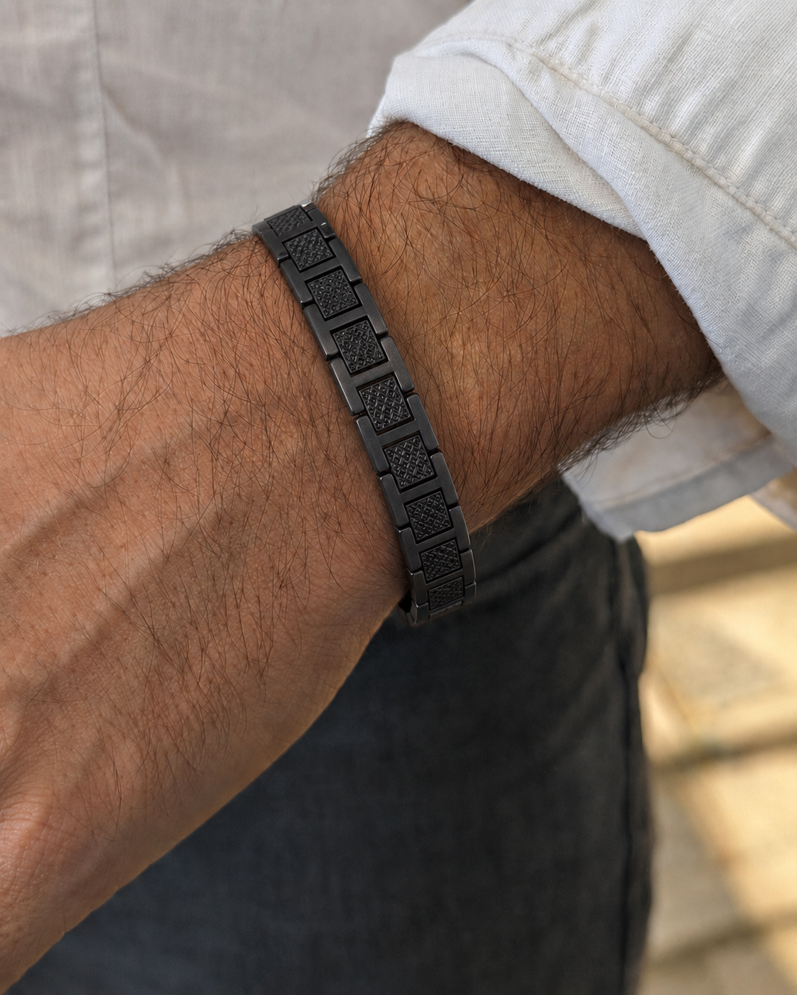 Lacoste Black Stainless Steel Link Bracelet with Textured Inlay