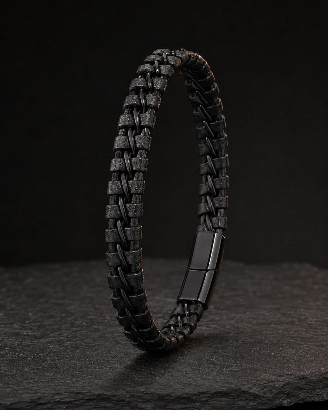 Black Braided Leather & Stainless Steel Bracelet