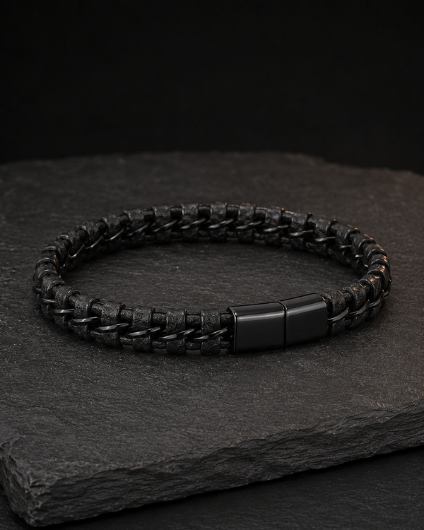 Black Braided Leather & Stainless Steel Bracelet
