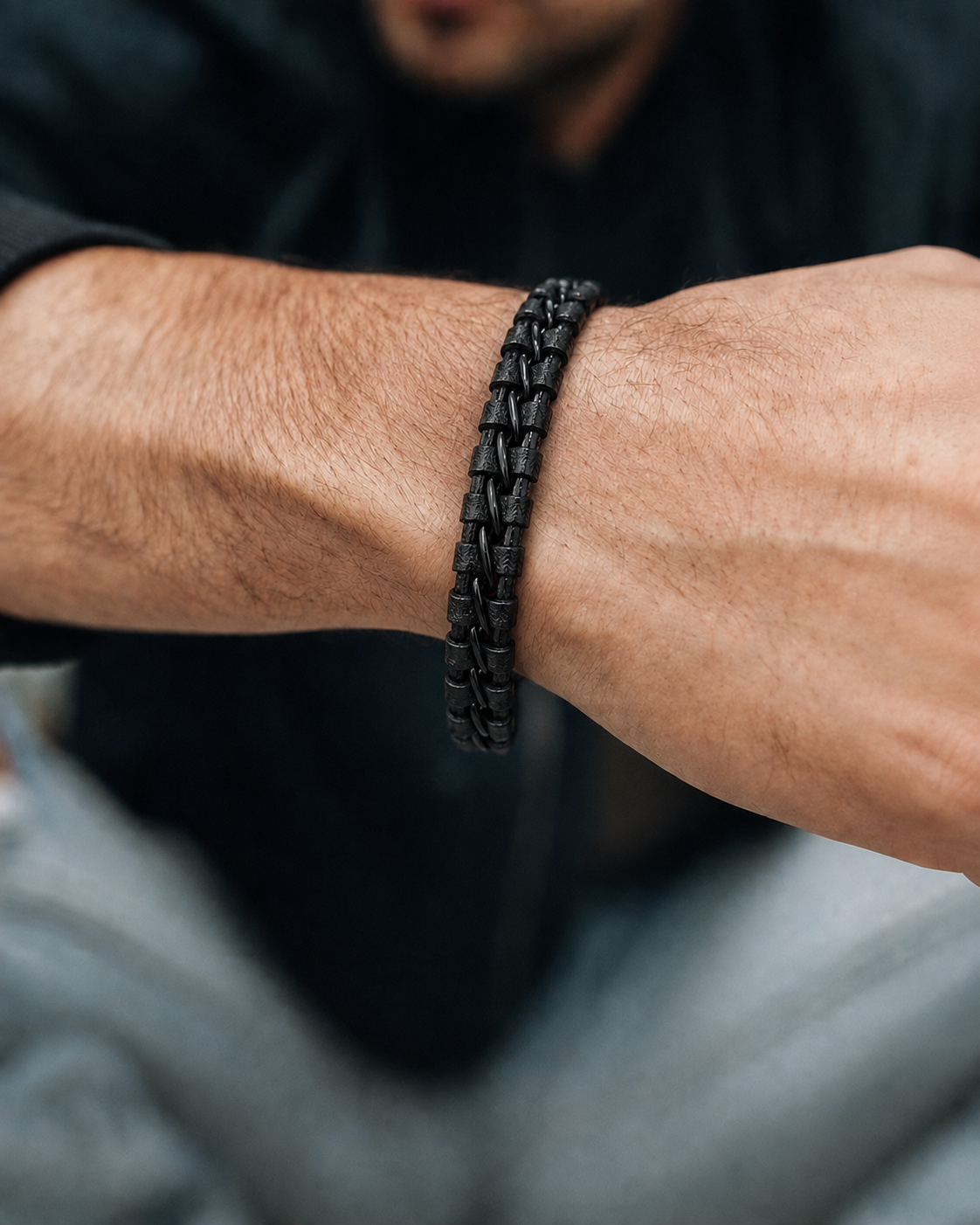 Black Braided Leather & Stainless Steel Bracelet