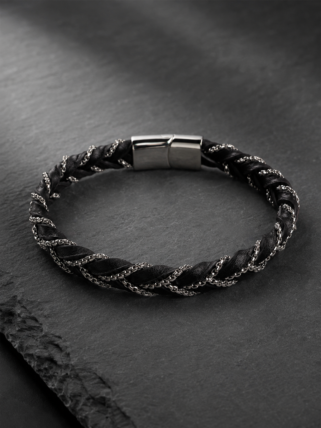 Black Leather & Stainless Steel Chain Bracelet