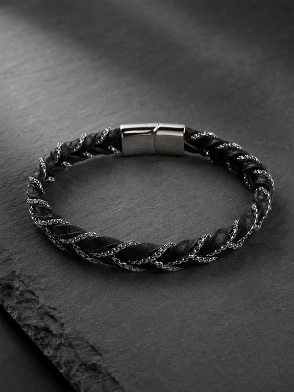 Black Leather & Stainless Steel Chain Bracelet