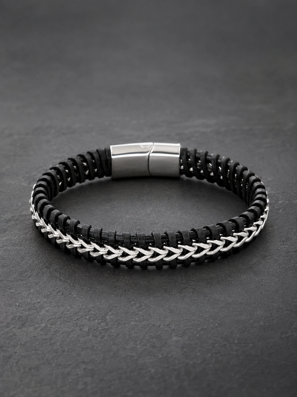 Black Leather & Silver Chain Bracelet