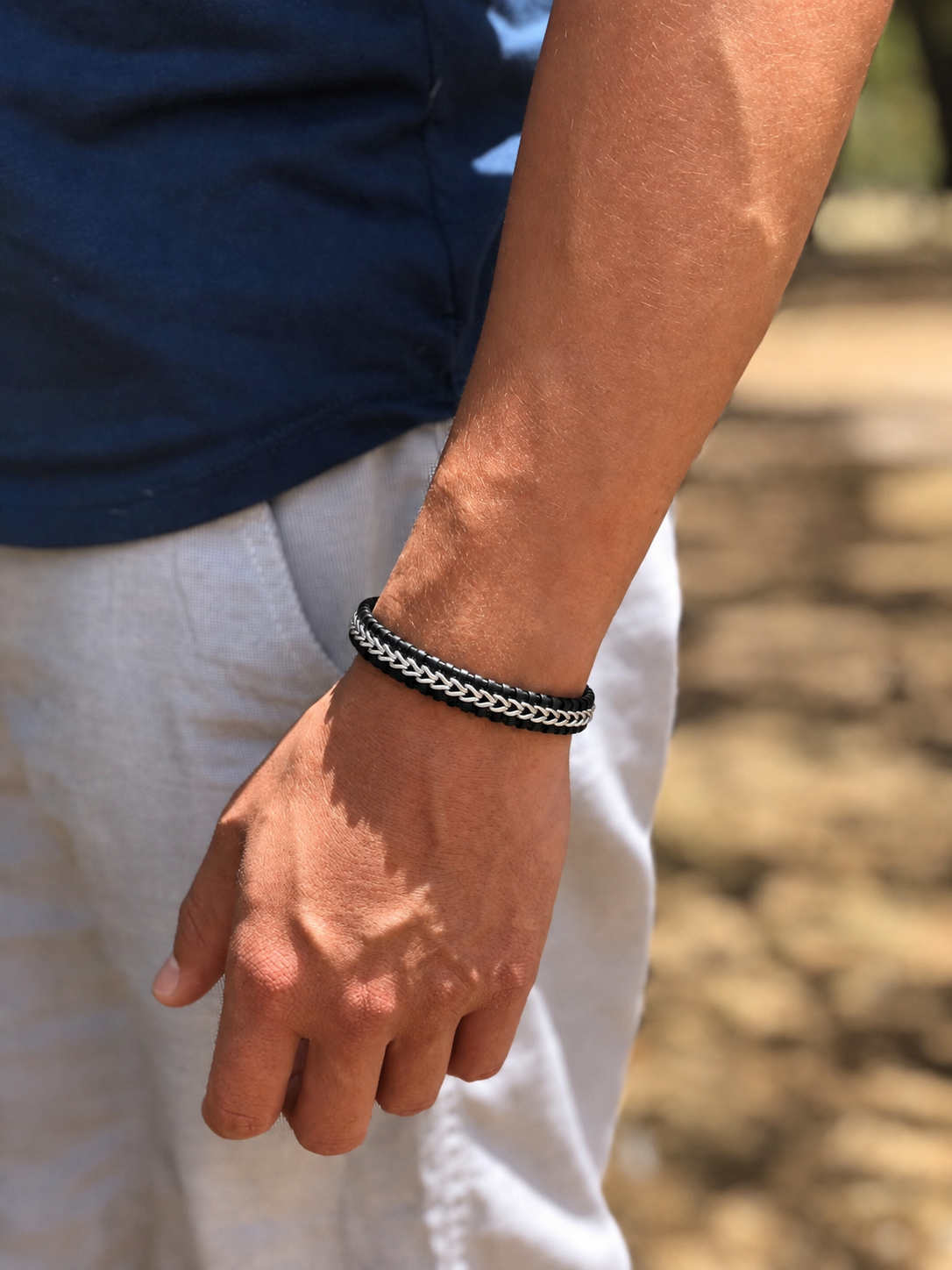 Black Leather & Silver Chain Bracelet