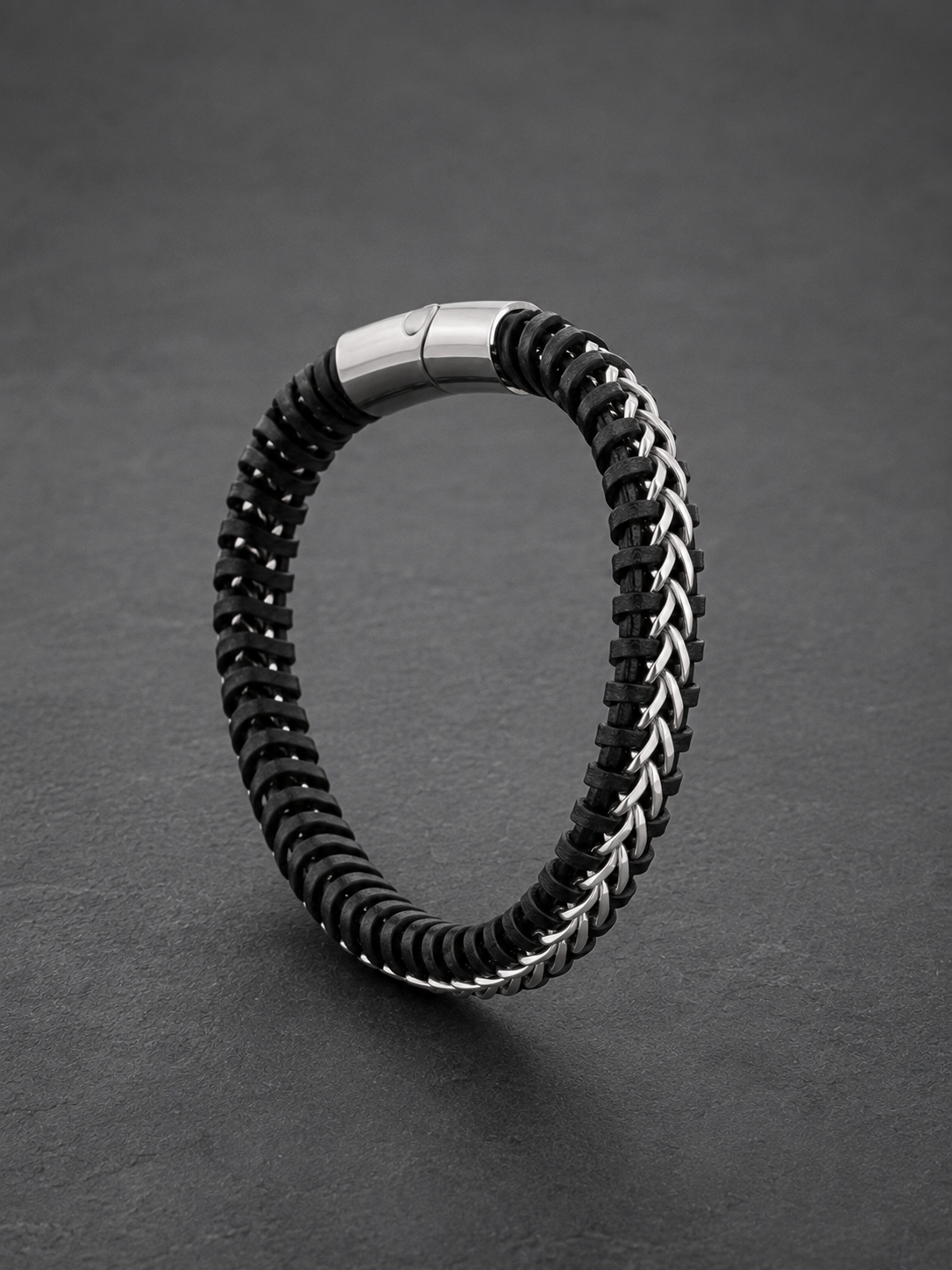 Black Leather & Silver Chain Bracelet