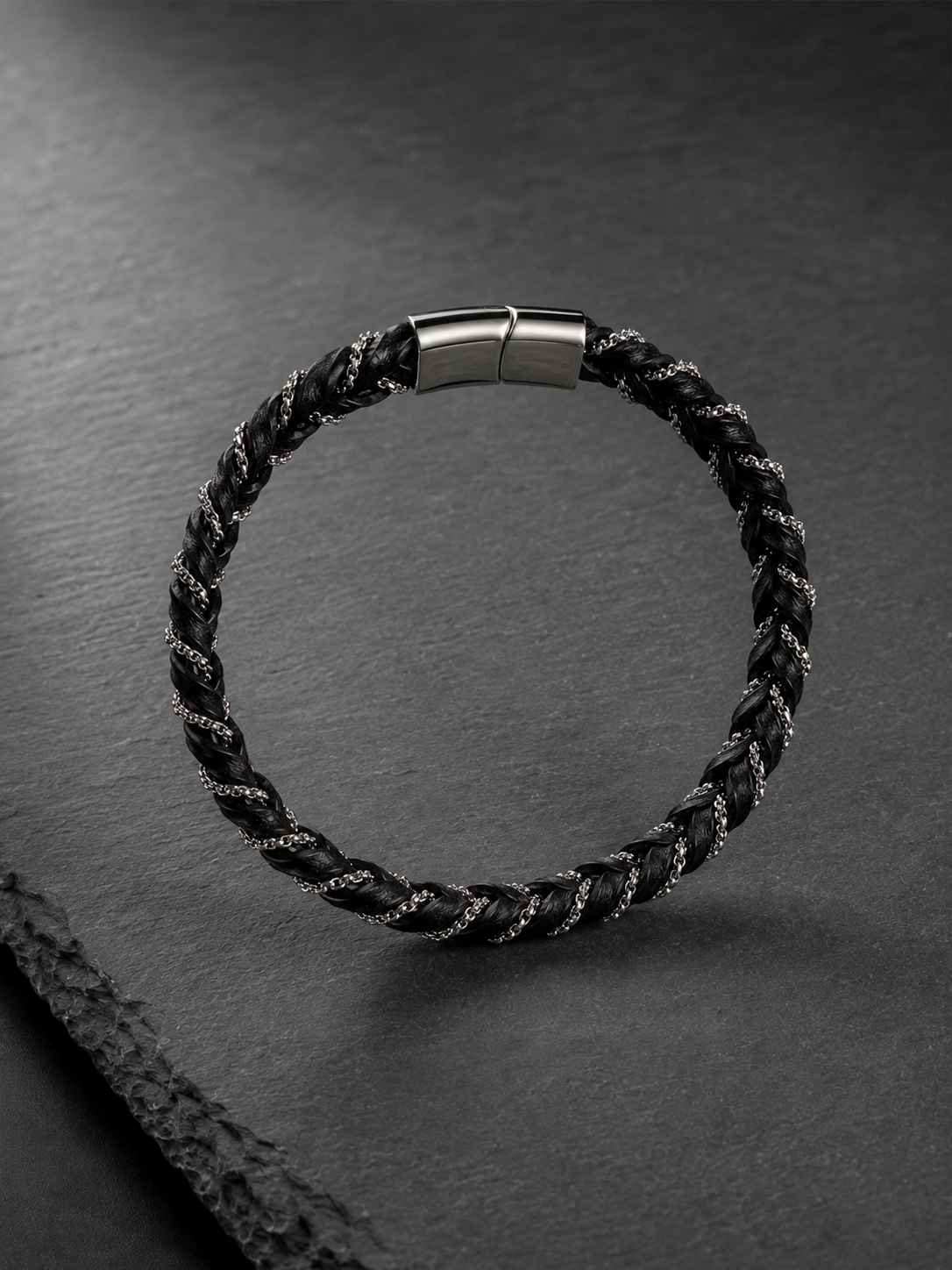 Black Leather & Stainless Steel Chain Bracelet