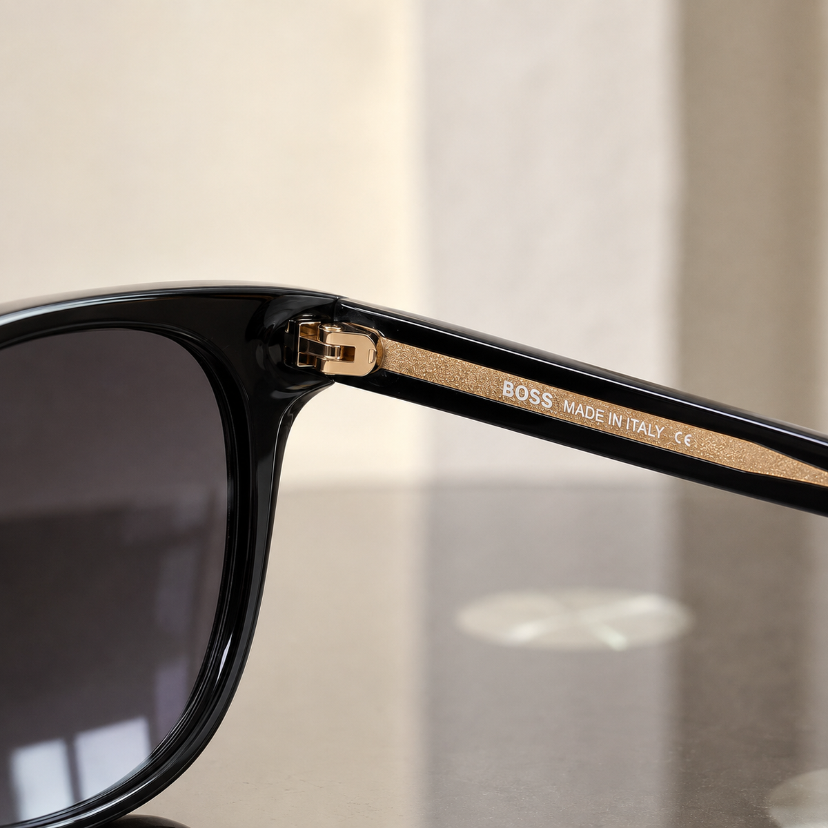 BOSS Hugo Boss Classic Sunglasses – Glossy Black & Gold with Dark Lenses + Case