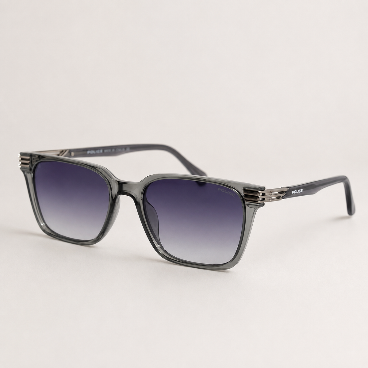 Police Square Sunglasses – Transparent Smoke Grey with Purple Gradient Lenses + Case