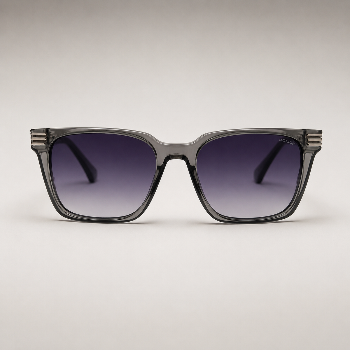 Police Square Sunglasses – Transparent Smoke Grey with Purple Gradient Lenses + Case