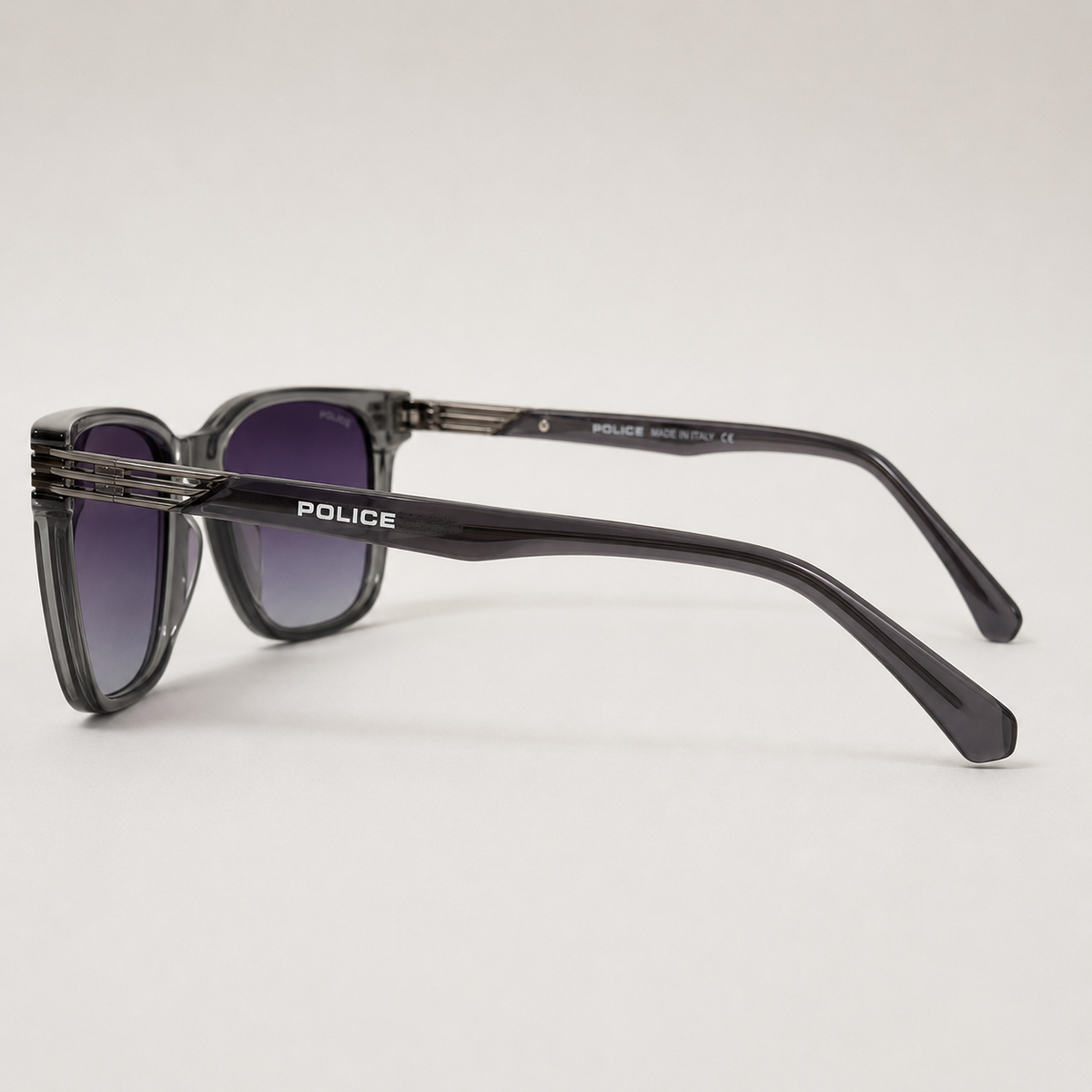 Police Square Sunglasses – Transparent Smoke Grey with Purple Gradient Lenses + Case