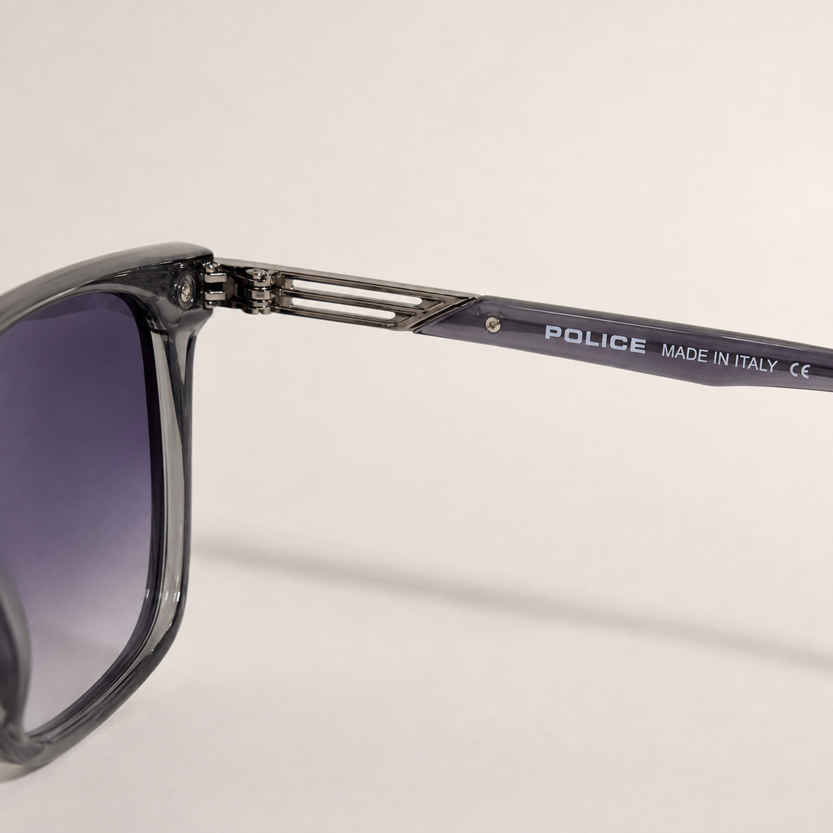 Police Square Sunglasses – Transparent Smoke Grey with Purple Gradient Lenses + Case