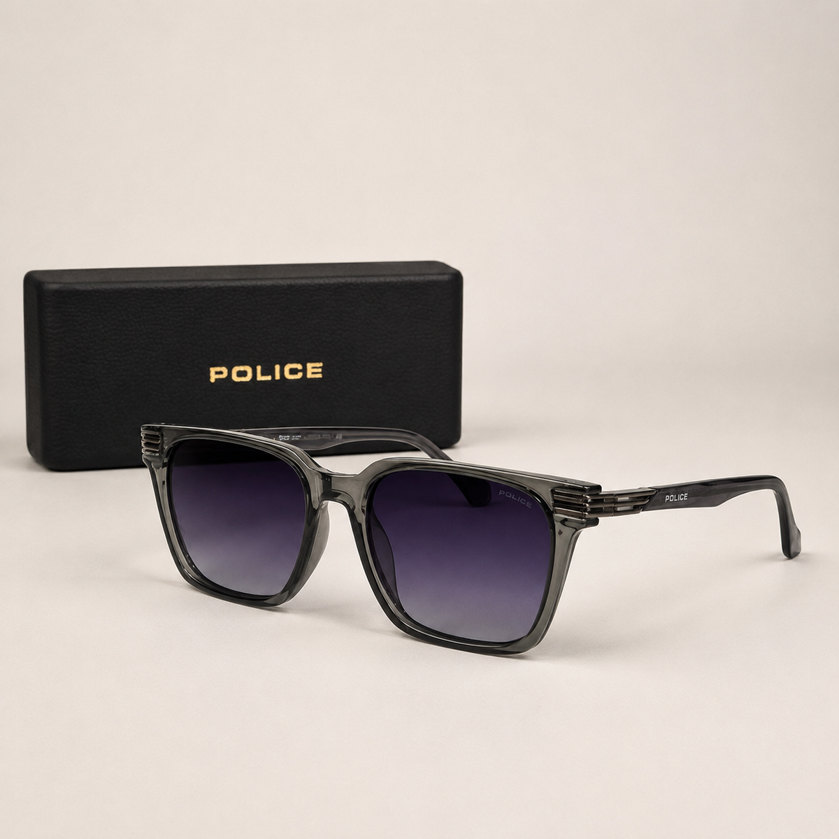 Police Square Sunglasses – Transparent Smoke Grey with Purple Gradient Lenses + Case